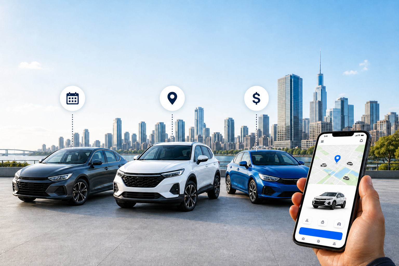 Three Cars Without Tripcity Logo And Cityscape